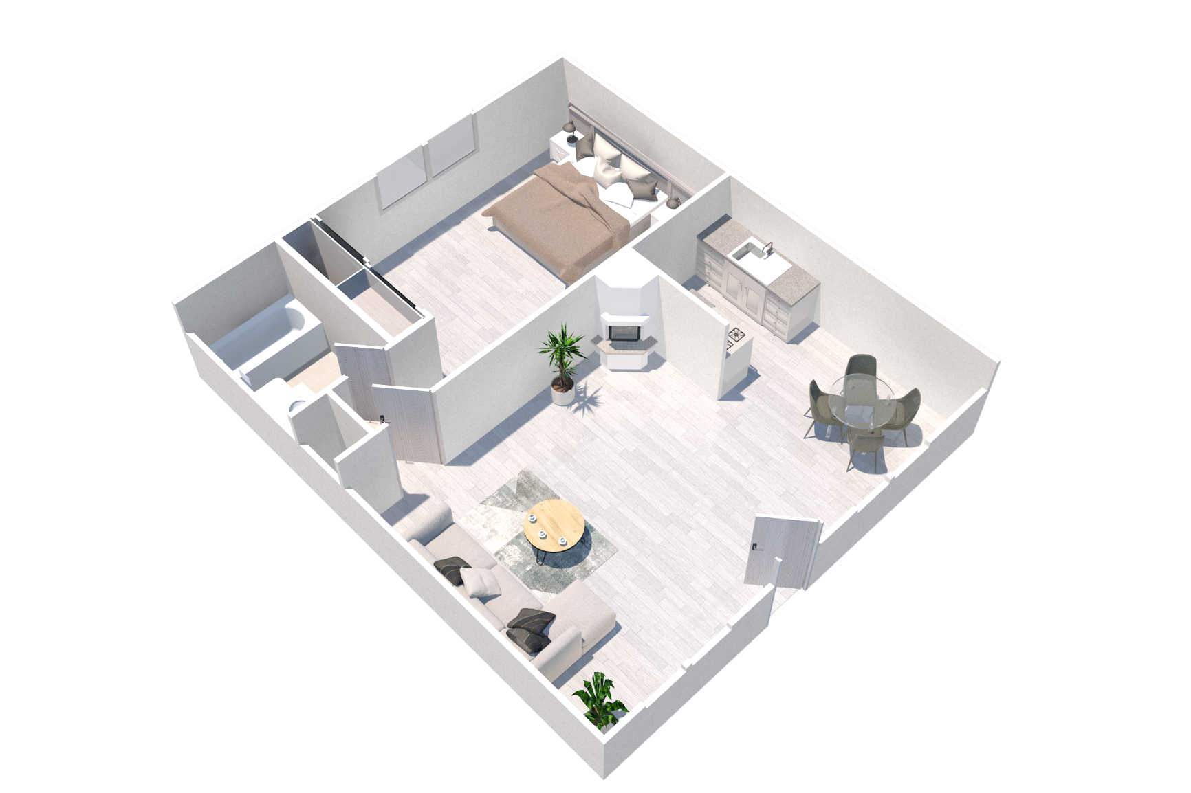 Floor plan for 1 bed, 1 bath, 604 sqft